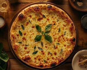 Overhead View of a Delicious Wood-Fired Pizza with Bubbling Cheese and Fresh Basil, Artisan Dining...