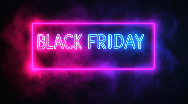 Black Friday neon sign glowing in vibrant colors against dark background, creating eye catching and festive atmosphere. Perfect for promotional materials