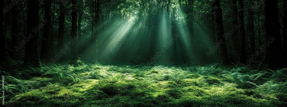 Poster lush forest with sunlight filtering through trees illuminating ferns