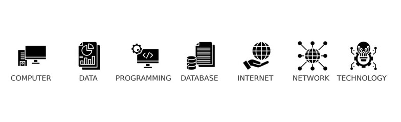 Information technology banner web icon vector illustration concept with icon of computer, data, programming, database, internet, network, and technology 