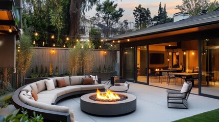 Fototapeta premium Modern outdoor patio, luxurious curved sectional sofa, circular fire pit, mood lighting, string lights, twilight sky, contemporary architecture, glass walls, wooden pergola, lush landscaping, cozy amb
