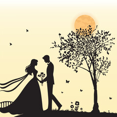 The silhouette of a loving couple is standing under a tree with butterflies and the sun in the background