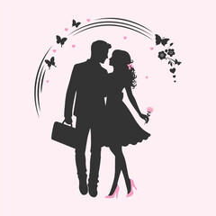 Silhouette of a couple on pink background