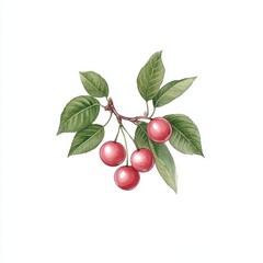 Hand-drawn cherries with leaves on a branch, botanical art illustration