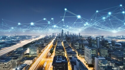 A city skyline at night with illuminated buildings and a network of digital connections overlaying the scene, suggesting advanced technology and connectivity.