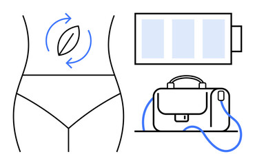 Toned waist with arrows, battery icon, and briefcase. Ideal for fitness, health, energy, diet, exercise, lifestyle, technology. Line metaphor