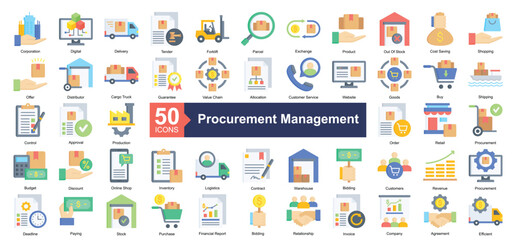 Procurement Management Icon Collection Set.Containing product, shopping, distributor, guarantee, value chain icon. Simple flat style Vector Illustration.	