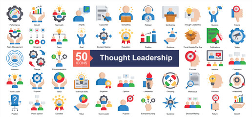 Thought Leadership Icon Collection Set.Containing performance, growth, teamwork, copywriter icon. Simple flat style Vector Illustration.	