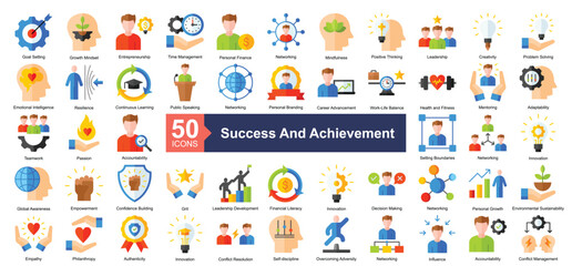 Fototapeta premium Success and Achievement Icon Collection Set.Containing goal setting, growth mindset, entrepreneurship, time management, personal finance icon. Simple flat style Vector Illustration. 