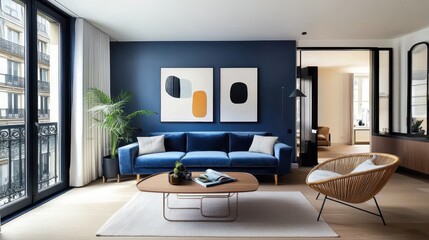 Dark teal walls, navy blue velvet sofa, modern living room, wicker chair, framed botanical prints, orange cushions, minimalist decor, houseplant, wooden coffee table, cozy interior design, sophisticat