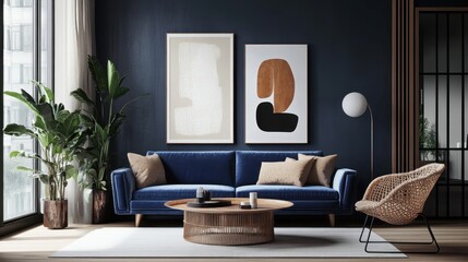 Dark teal walls, navy blue velvet sofa, modern living room, wicker chair, framed botanical prints, orange cushions, minimalist decor, houseplant, wooden coffee table, cozy interior design, sophisticat