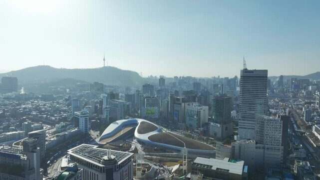 Aerial View of Seoul city in South Korea, Dongdaemun Design Plaza, DDP, Winter