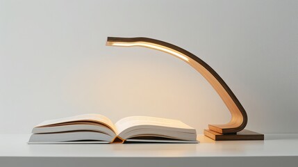 A modern and sleek book lighting lamp on a minimalist table against a bright white background with a single book