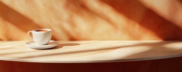 Warm Minimalist Tabletop with Coffee Cup and Soft Natural Light, Perfect for Cozy Cafe Aesthetic Product Photography Backdrop