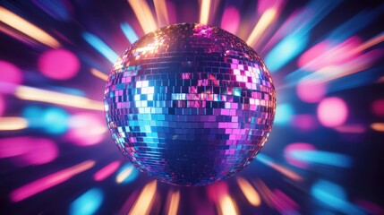 Fototapeta premium disco ball, glowing, vibrant colors, purple and pink lighting, radiant beams, reflective surface, dance floor, retro, nightclub atmosphere, 70s style, shimmering, party, dynamic lighting, sparkle, ene