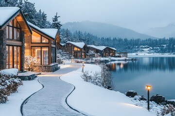 Fototapeta premium Luxury cabins nestled by a serene snow-covered lake, illuminated by warm lights.