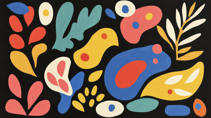 Fototapeta premium Abstract artwork with colorful organic shapes on black background