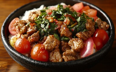Fototapeta premium Pork and tomato rice bowl with basil.