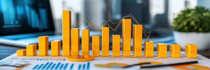 Golden bar graph on financial report showing growth and decline trends, near laptop.