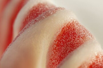 Close-up of a red and white swirled candy, glistening with sugar crystals.