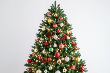 Fototapeta premium A beautifully decorated Christmas tree with red, gold, and green ornaments, sparkling lights, and festive berries.