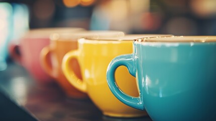 Obraz premium Colorful Ceramic Mugs in a Row on a Table with Blurred Background and Warm Lighting