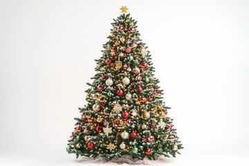 Obraz premium A large, snow-dusted Christmas tree adorned with red, gold, and green ornaments and warm lights.