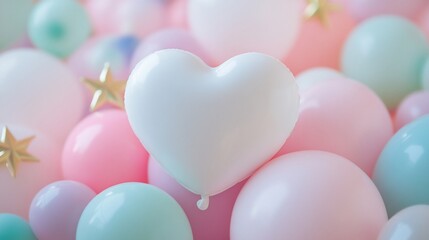 White heart-shaped balloon among pastel balloons and stars.