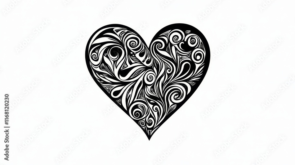 Poster elegant monochromatic heart with swirl patterns on white background