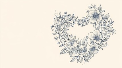 Elegant Line Art Heart with Floral Embellishments on White Background