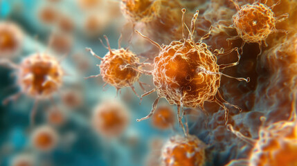 Microscopic view of non small cell lung cancer cells, showcasing their intricate structure and unique features. This highlights complexity of cancer at cellular level