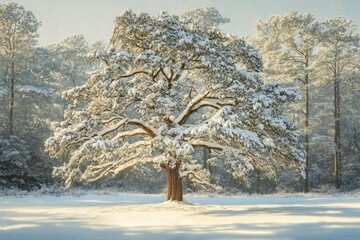 Majestic snow-laden tree stands solitary in a sun-drenched winter forest.