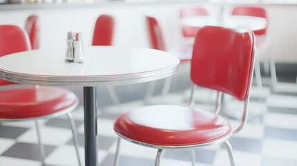 Obraz premium Red Diner Booth: Classic red diner booth with white table and checkerboard floor, perfect for vintage and retro themed photos. The inviting booth evokes a sense of nostalgia.