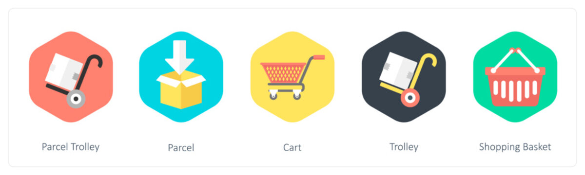 A set of 5 mix icons as parcel trolley, parcel, cart