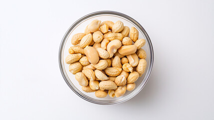 Cashew Nuts Bowl: Top view of a glass bowl filled with cashew nuts, perfect for showcasing healthy snacking options, culinary recipes, and ingredient photography.  