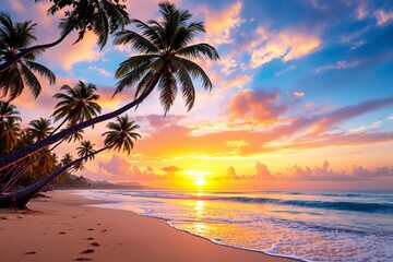 Tropical beach with palm trees leaning over the sandy shore, vibrant sunrise sky in vivid colors, and gentle waves. Concept of exotic paradise. Ai generative