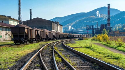 Obraz premium A scenic view of railway tracks with coal wagons beside industrial buildings and mountains.
