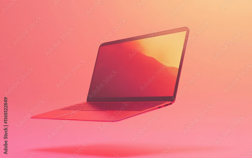 Poster floating laptop with warm gradient background.