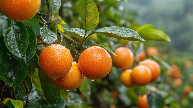 Fresh tejocote fruits glistening with raindrops on tree branch, surrounded by lush green leaves, create vibrant and refreshing scene in orchard