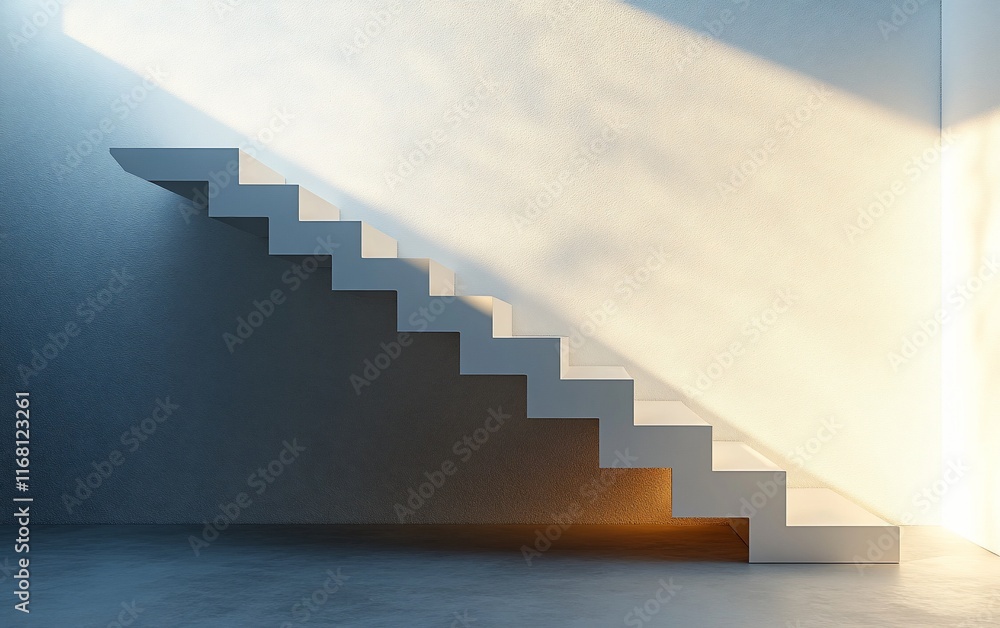 Poster sunlit stairs ascend in a concrete room with shadows.