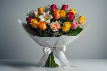 A meticulously arranged flower bouquet wrapped elegantly in crisp white wrapping paper tied with a ribbon