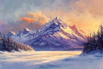Fototapeta premium Majestic snow-capped mountains at sunset, reflecting on a frozen lake, creating a serene winter landscape.
