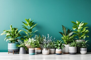 Fototapeta premium Indoor houseplants in stylish pots on a wooden floor, minimalistic teal background, showcasing modern and aesthetic greenery decor concept. Ai generative