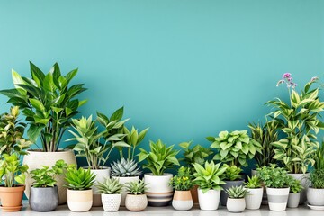 Obraz premium A variety of lush potted houseplants with green leaves in diverse ceramic pots, set against a teal background. Concept of home decor and indoor gardening. Ai generative