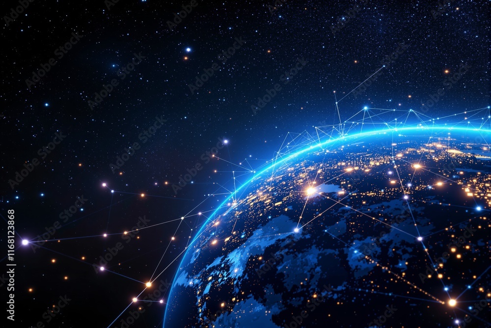 Poster view of earth from space with glowing network connections across continents, surrounded by stars. co