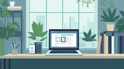 Fototapeta premium Serene Home Office Setup with Laptop and Indoor Plants