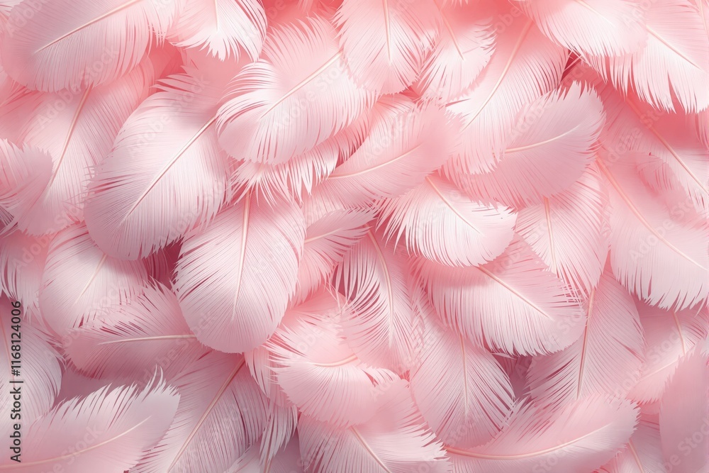 Poster multiple soft pink feathers arranged in a close-up view on a pastel background. gentle texture, evok
