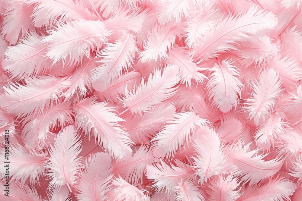Poster a collection of delicate pink feathers arranged closely on a soft pink background, creating a light,
