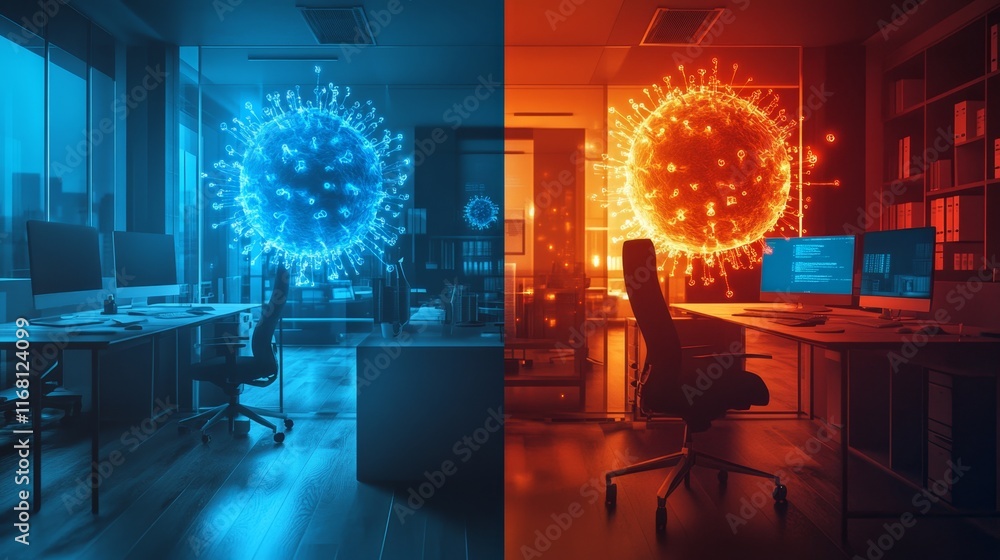 Poster Split Screen Showing Two Scenarios in Modern Office Environment