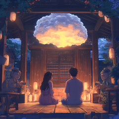 Obraz premium Serene Evening: A Couple's Tranquil Moment Under a Glowing Cloud at a Japanese Shrine